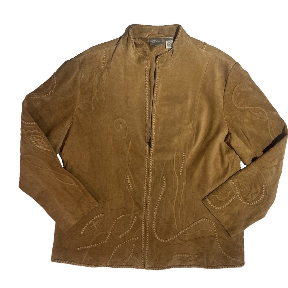 Chico's Brown Suede Genuine Leather Whipstitch Embroidered Full Zip Jacket Sz 2